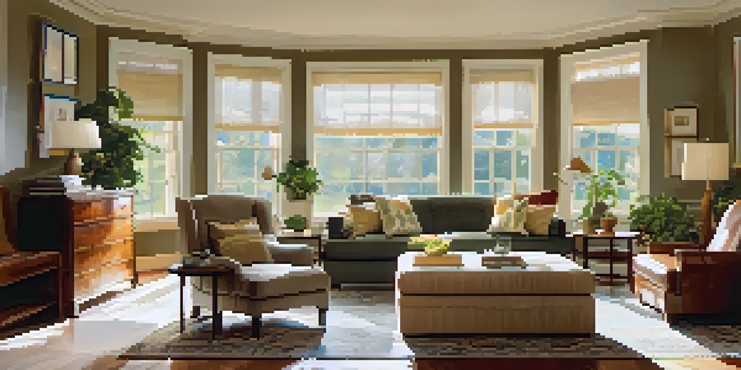 A home inspector checks the ceiling in a cozy living room, with a couple observing. Sunlight shines through large windows, illuminating the space.