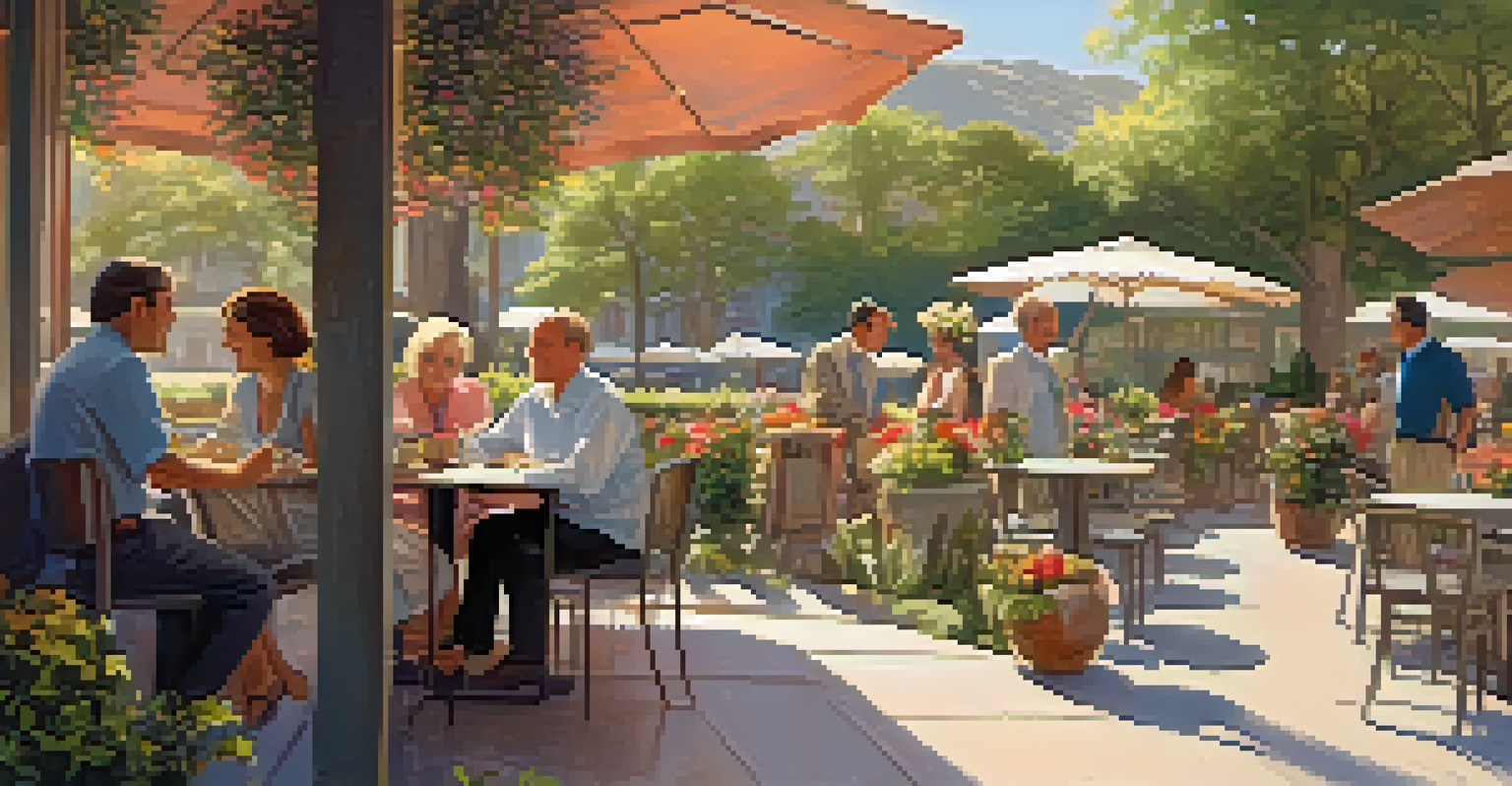 A real estate agent engaging with local residents in a quaint outdoor café, surrounded by greenery.