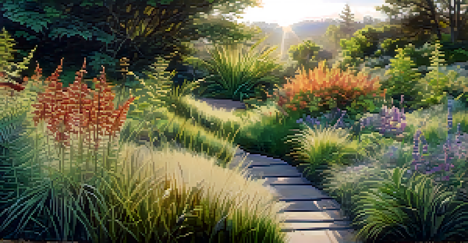 A beautiful landscape with different zones of native plants, including wildflowers in the meadow and tall grasses in the background, with sunlight filtering through the leaves.