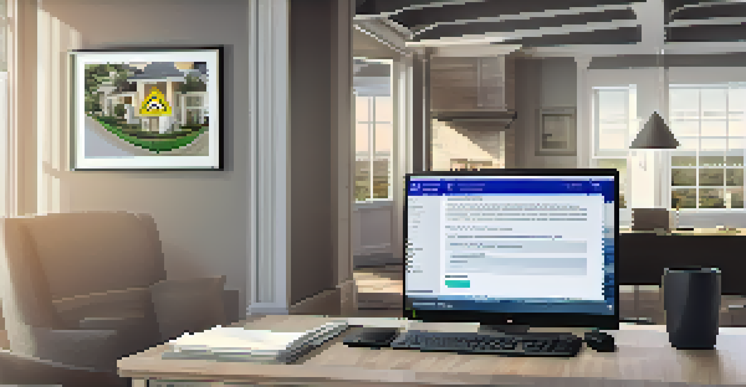 A concerned person looking at a computer screen with a fraudulent real estate listing and a warning symbol.