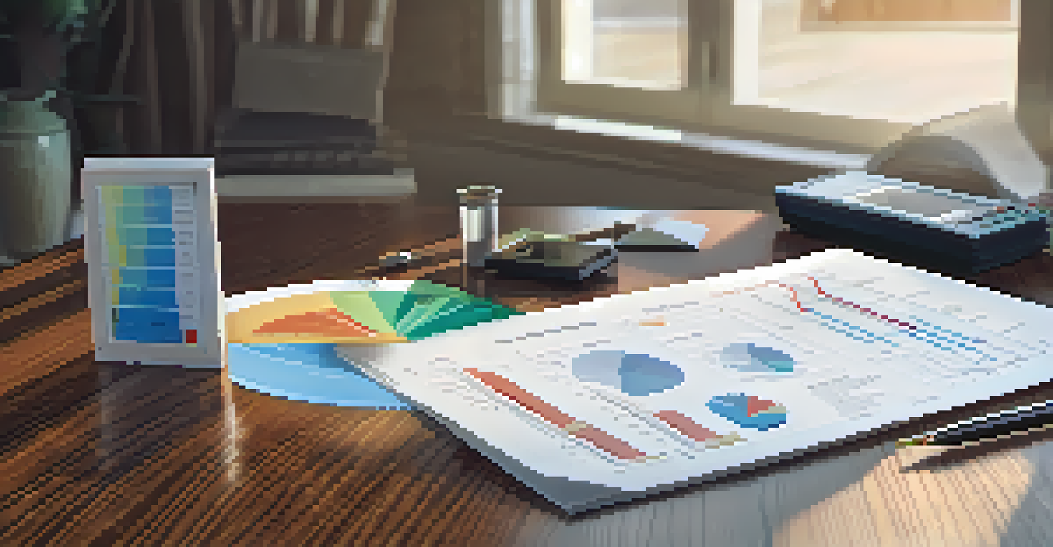 An environmental assessment report with charts and graphs on a wooden table, accompanied by a thermal imaging camera and moisture meter.