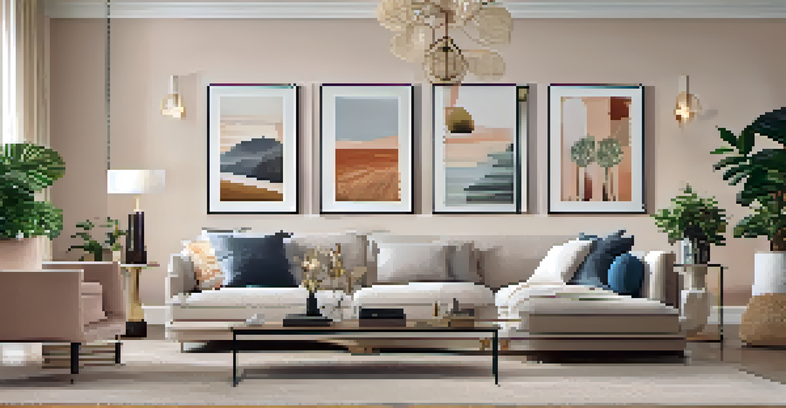 A gallery wall featuring a collection of framed art and photographs in a stylish open concept living area, surrounded by elegant furniture and plants.