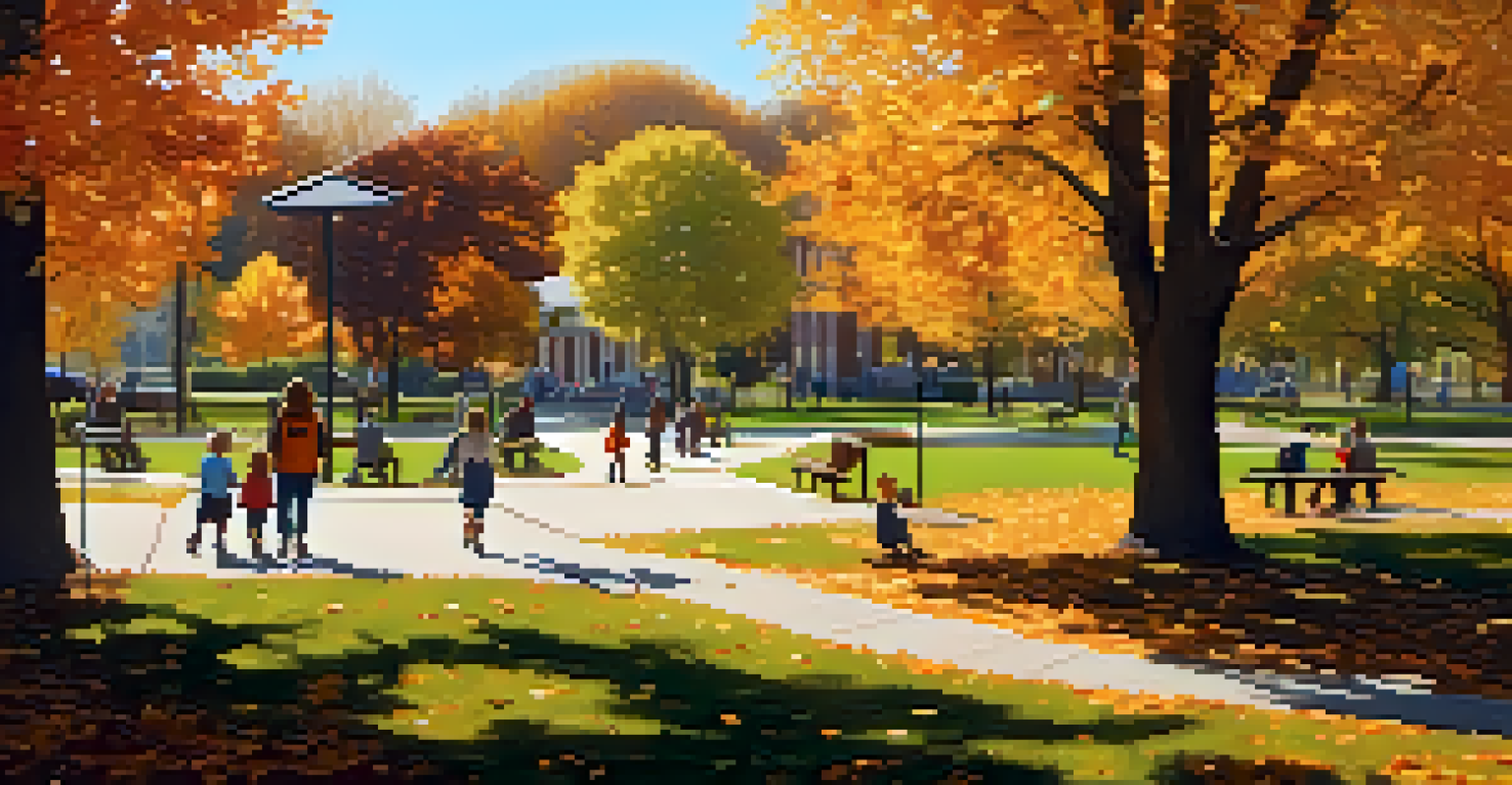 A peaceful park scene with families picnicking and children playing among colorful autumn trees.