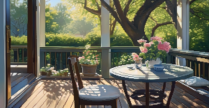A serene backyard garden with a wooden deck and a small table set for two, surrounded by blooming flowers and sunlight filtering through trees.