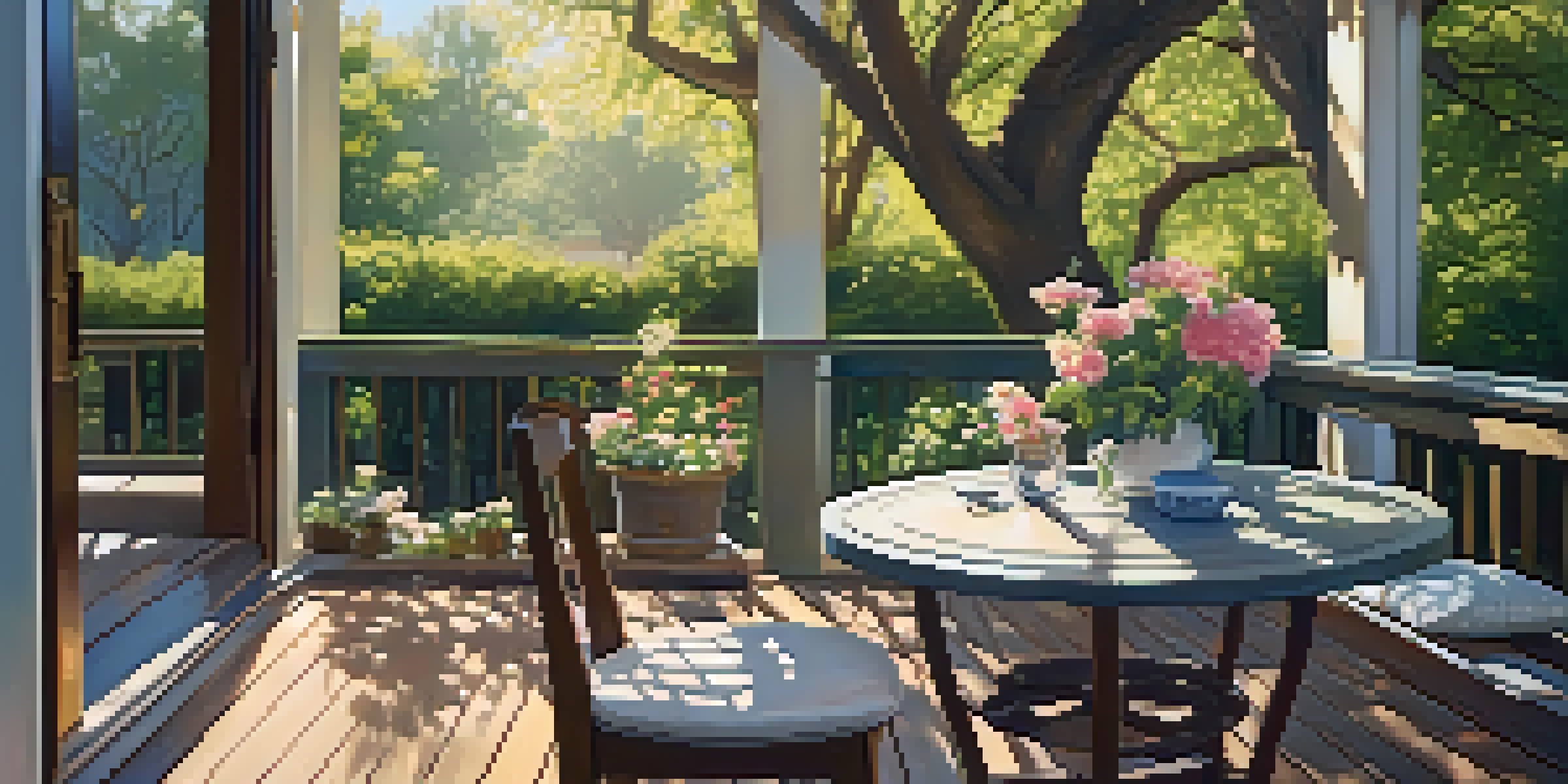 A serene backyard garden with a wooden deck and a small table set for two, surrounded by blooming flowers and sunlight filtering through trees.