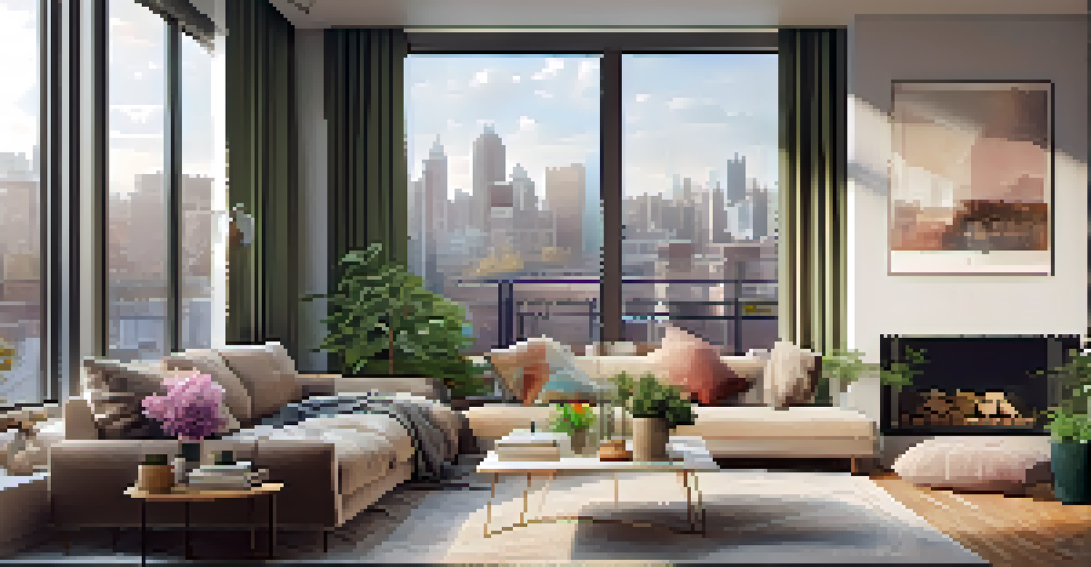 A cozy urban apartment living room with large windows, a plush sofa, and a view of the city skyline.