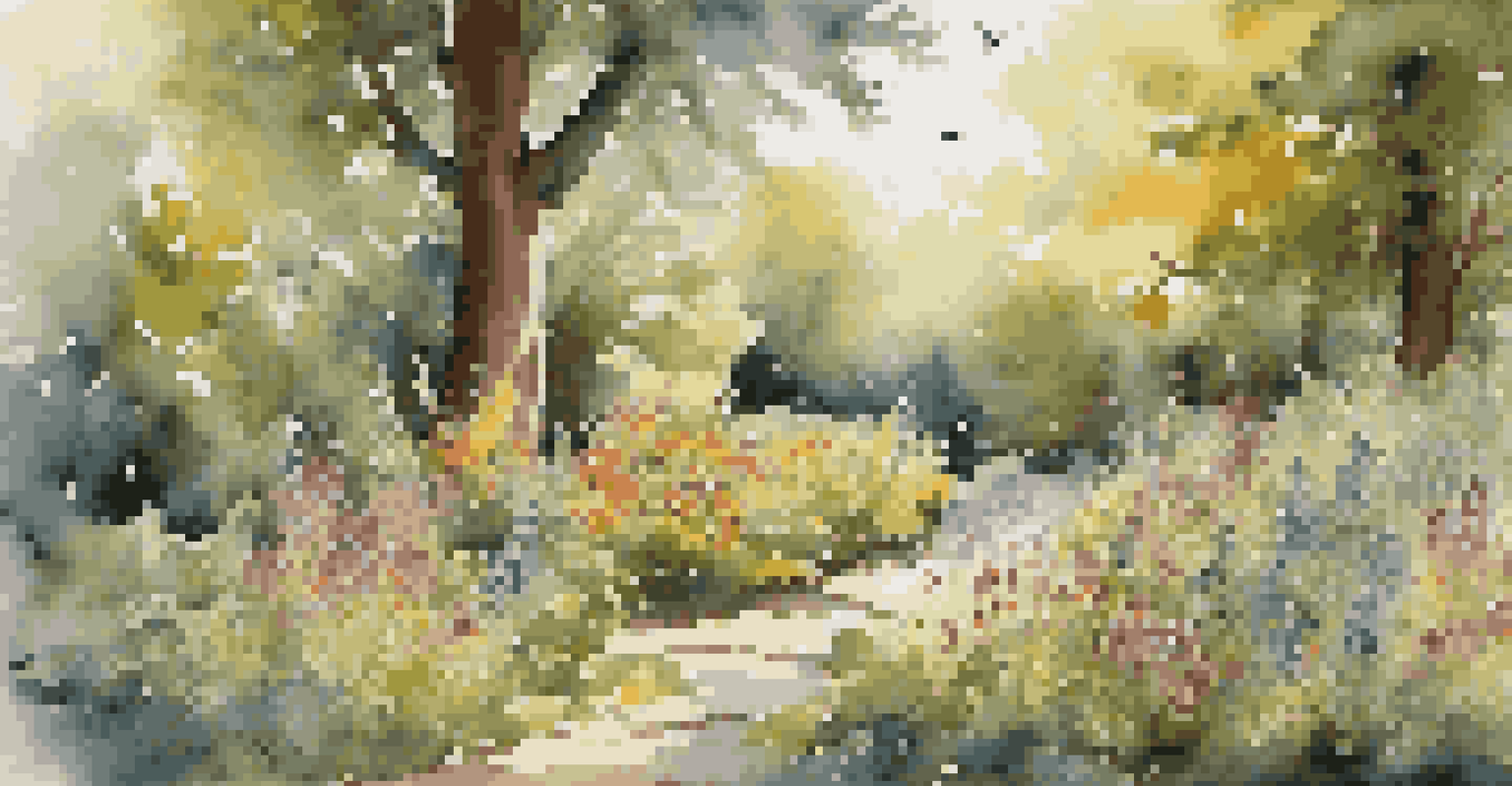 A peaceful garden corner with wildflowers, bees, and birds, featuring natural habitats for insects and dappled sunlight.