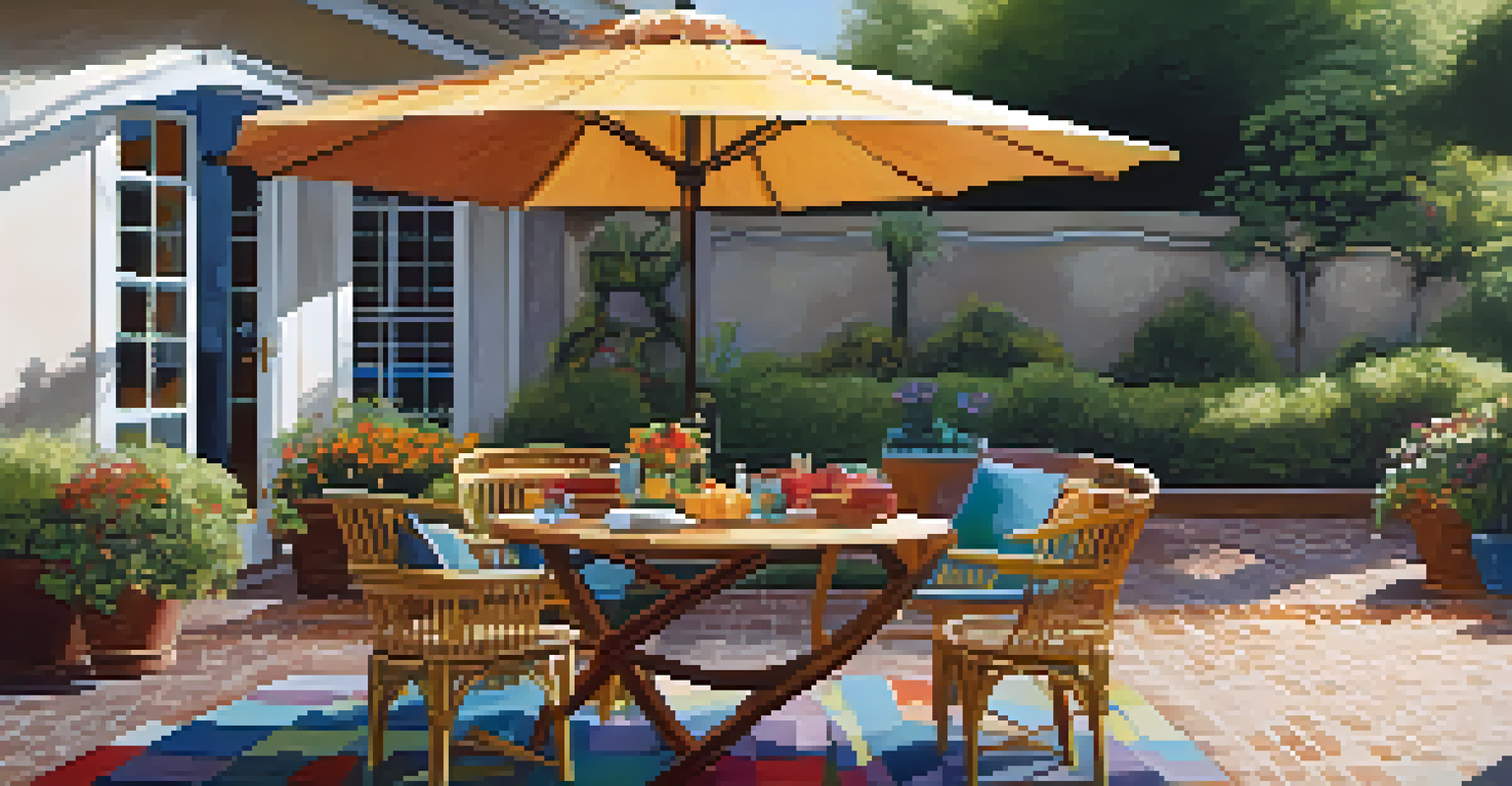 An outdoor patio with a large colorful umbrella shading a table set for a meal, surrounded by potted plants and a rug.