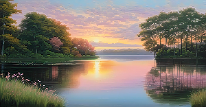 A peaceful lake at sunrise, surrounded by green trees and a colorful sky.