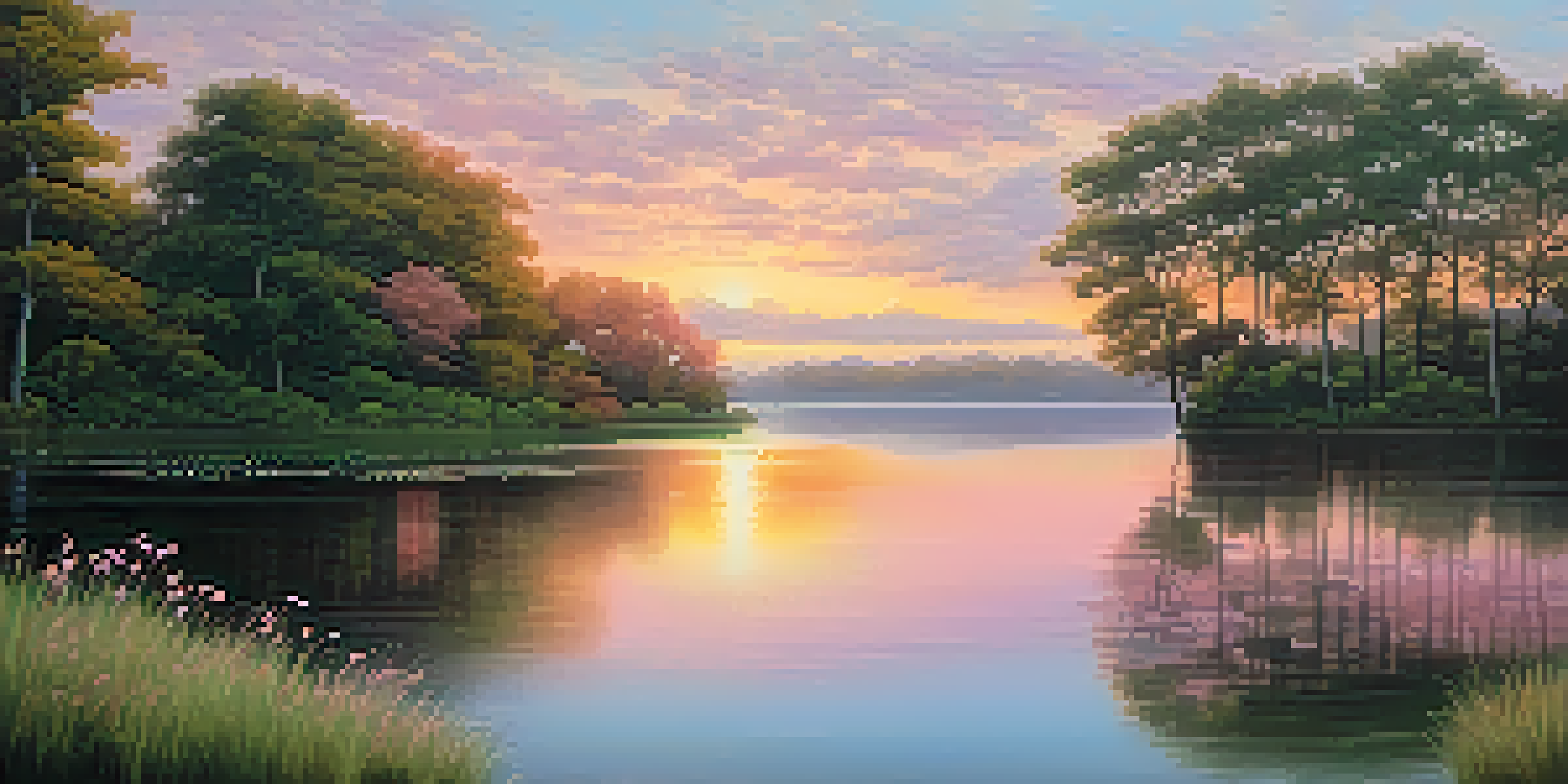 A peaceful lake at sunrise, surrounded by green trees and a colorful sky.