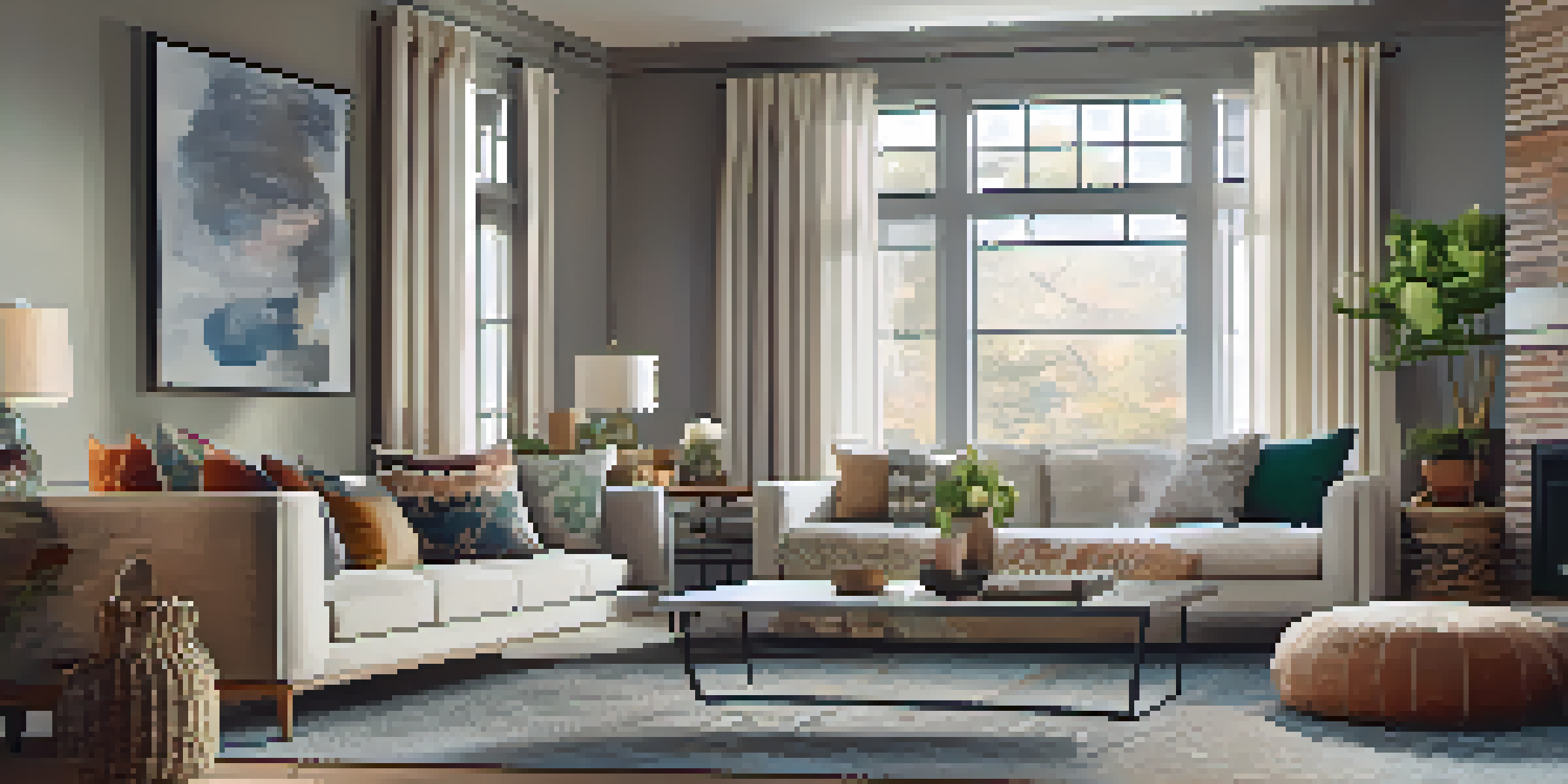 A cozy living room with a velvet couch, colorful throw pillows, a knit blanket, and a patterned rug, illuminated by natural light.