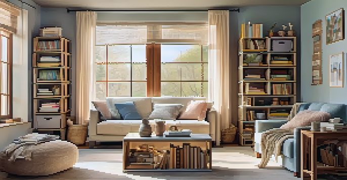 A cozy living room with pastel-colored wooden crates used as storage, filled with books and decor, illuminated by natural light.