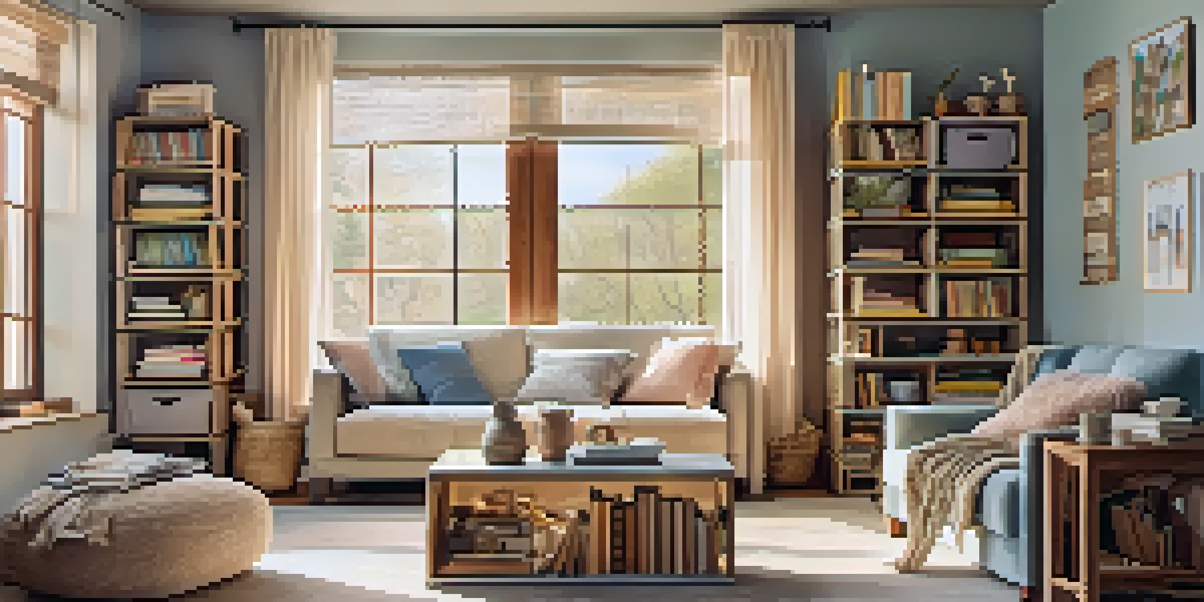 A cozy living room with pastel-colored wooden crates used as storage, filled with books and decor, illuminated by natural light.