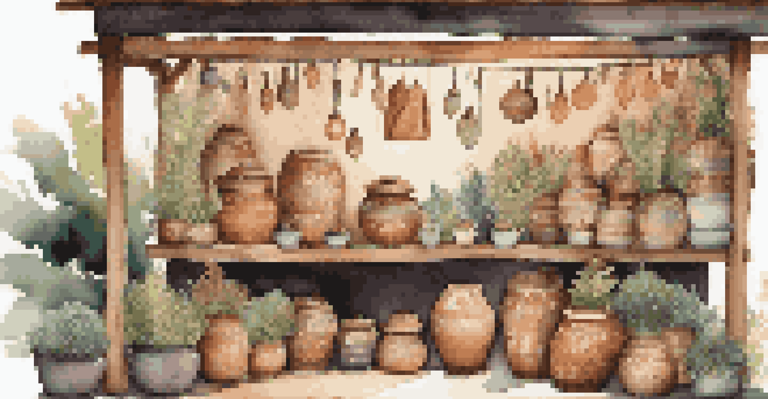 A market stall filled with handcrafted home decor items, showcasing vibrant pottery and textiles.