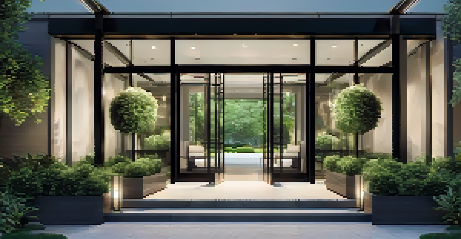 A modern commercial entrance with glass doors, landscaped greenery, and elegant lanterns.