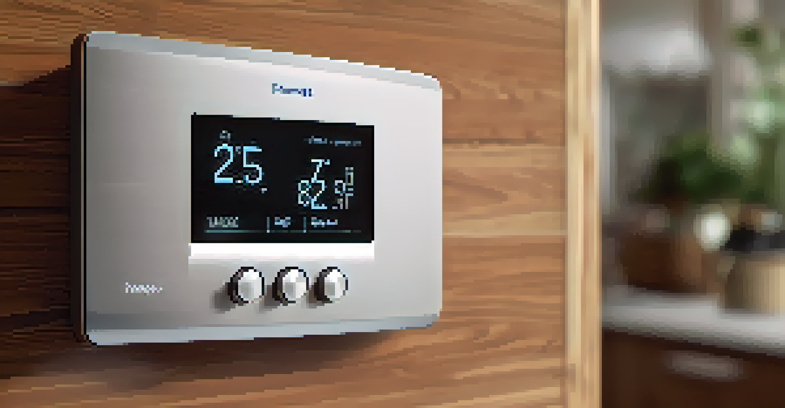 A detailed view of a modern smart thermostat in a stylish kitchen setting.