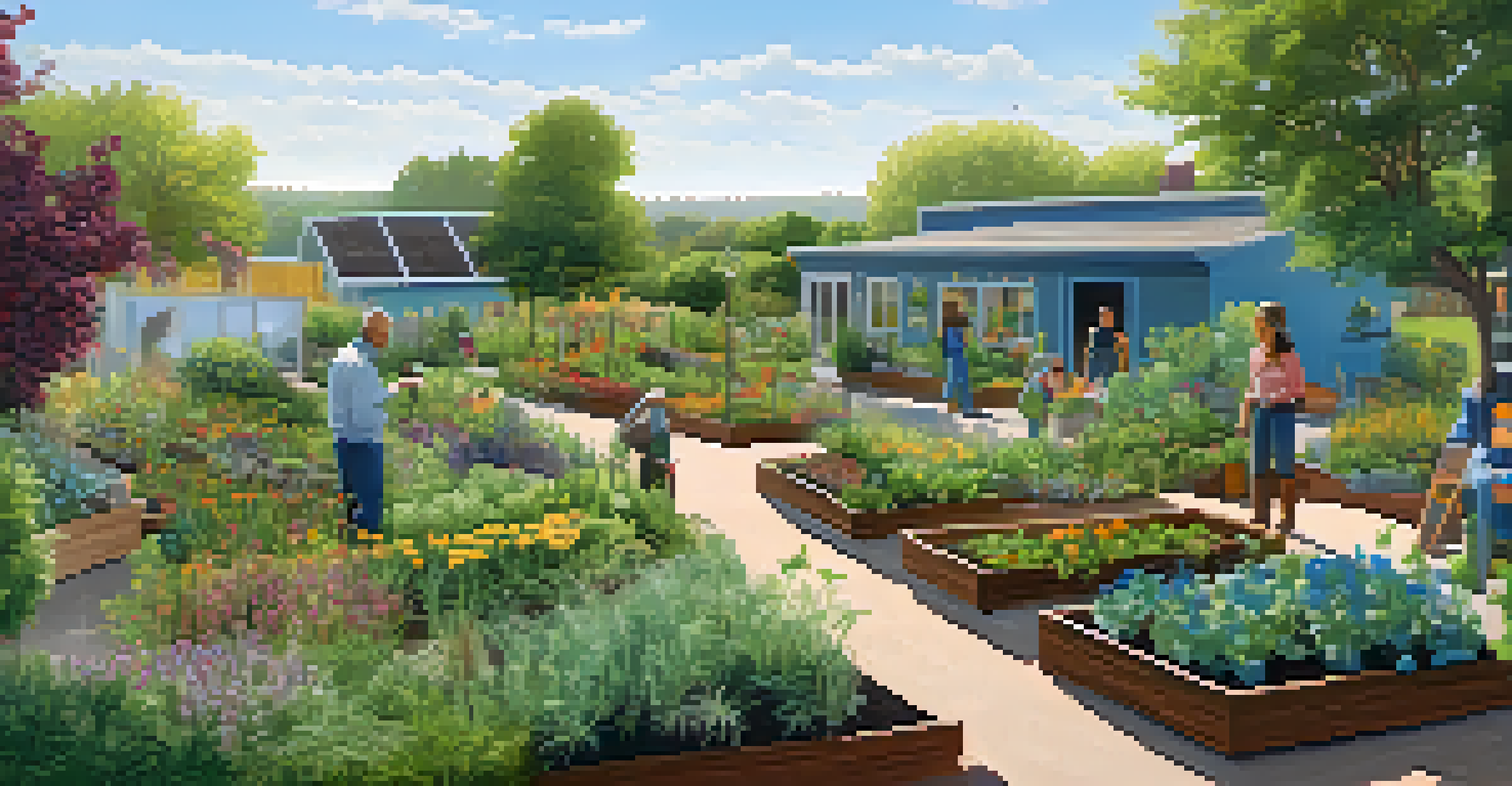 A community garden with diverse native plants, where people are exchanging gardening tips and plants under a clear sky.