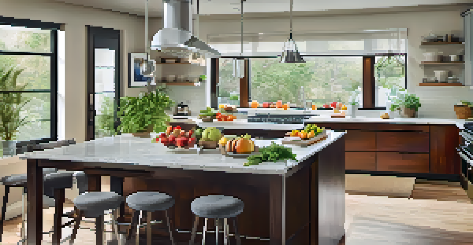 A bright kitchen with sleek countertops, stainless steel appliances, and an island with bar stools, decorated with fresh fruits and herbs.