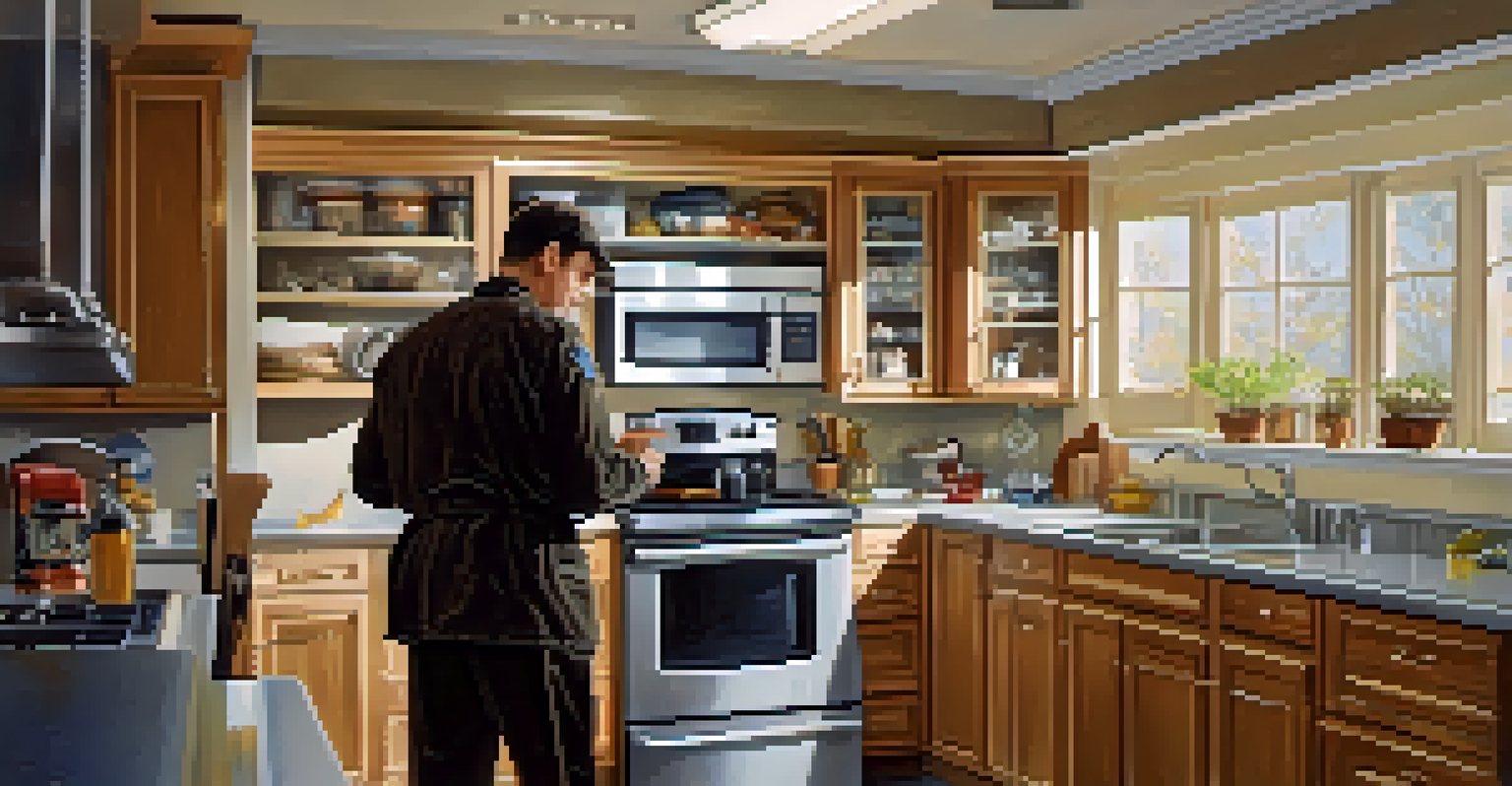 A kitchen being inspected for maintenance, featuring clean countertops and organized cabinets, with an inspector taking notes.