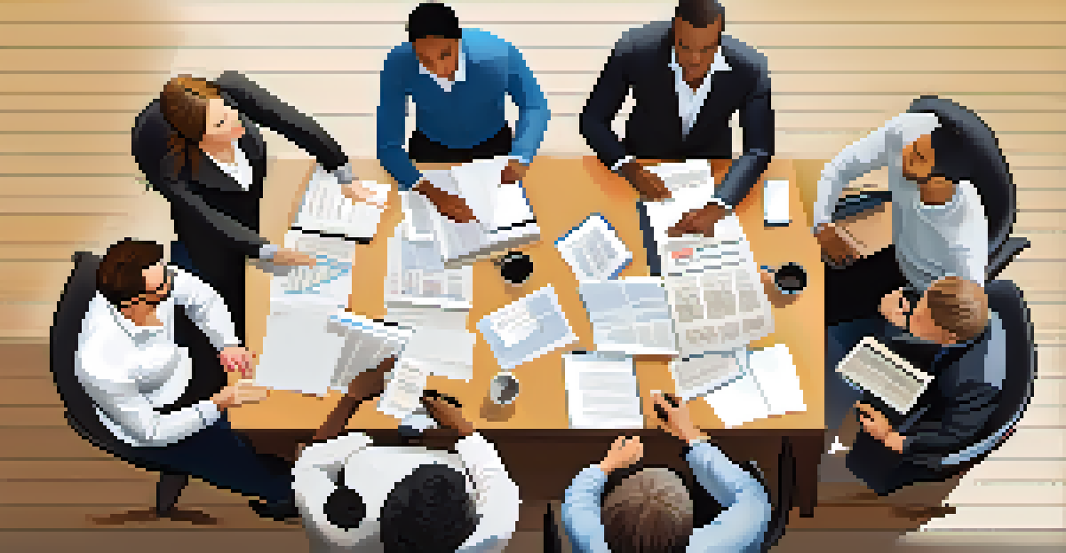 A diverse group of people collaborating on real estate syndication around a table filled with documents.
