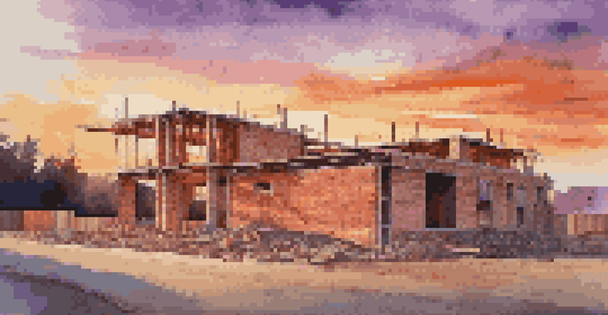 A modern residential construction site with a partially completed house, surrounded by construction materials under a colorful sunset sky.