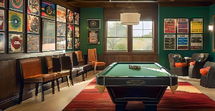 An indoor game room featuring a dartboard and vibrant decor, creating a playful atmosphere.