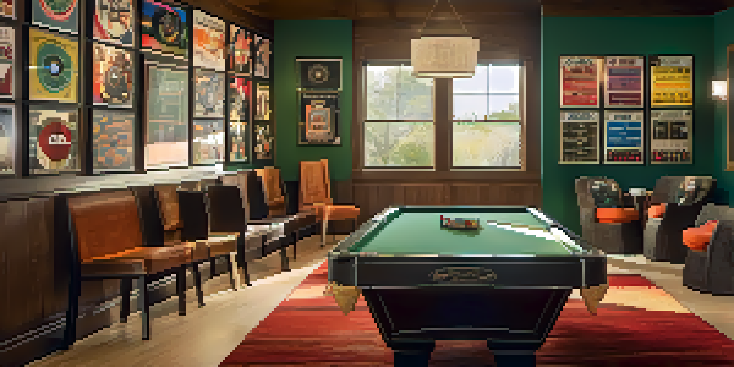 An indoor game room featuring a dartboard and vibrant decor, creating a playful atmosphere.
