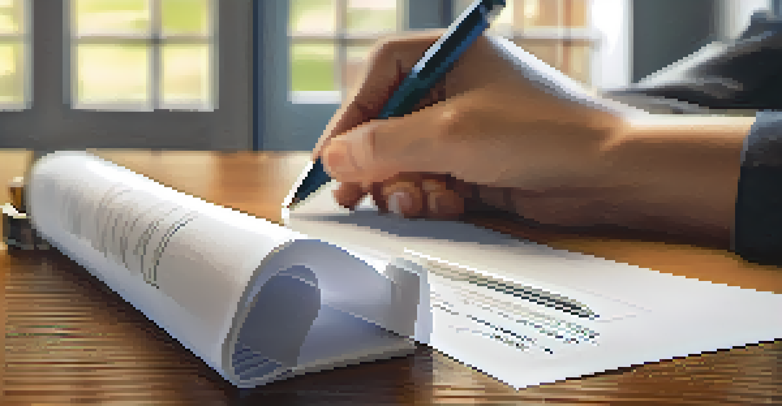 A hand signing a promissory note on a wooden table, with a pen and a small house model in the background.