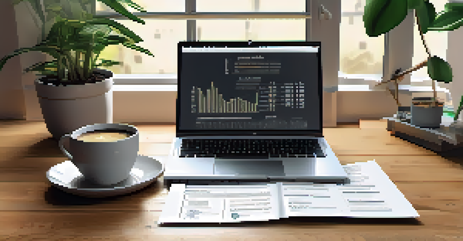 A close-up of a housing policy document on a table with a laptop and coffee mug, highlighting rental market graphs in a well-lit workspace.