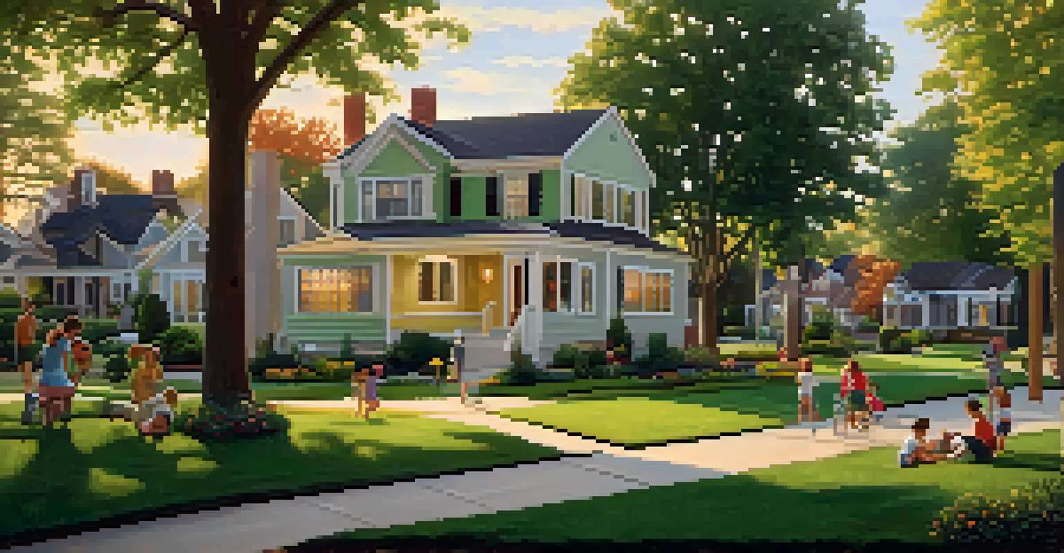 A peaceful suburban neighborhood with diverse homes and families enjoying the outdoors during sunset.