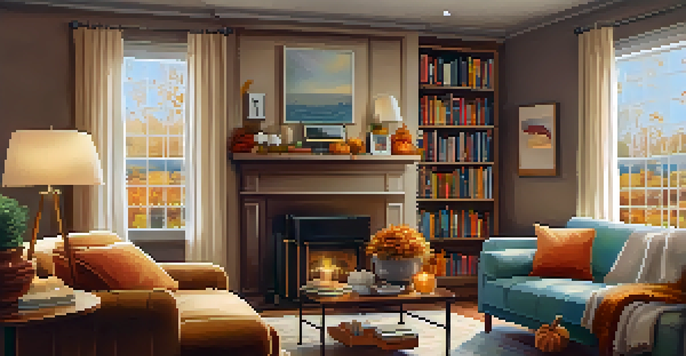 A cozy living room decorated for fall with an organized bookshelf, autumn decorations, and warm light filtering through the window.
