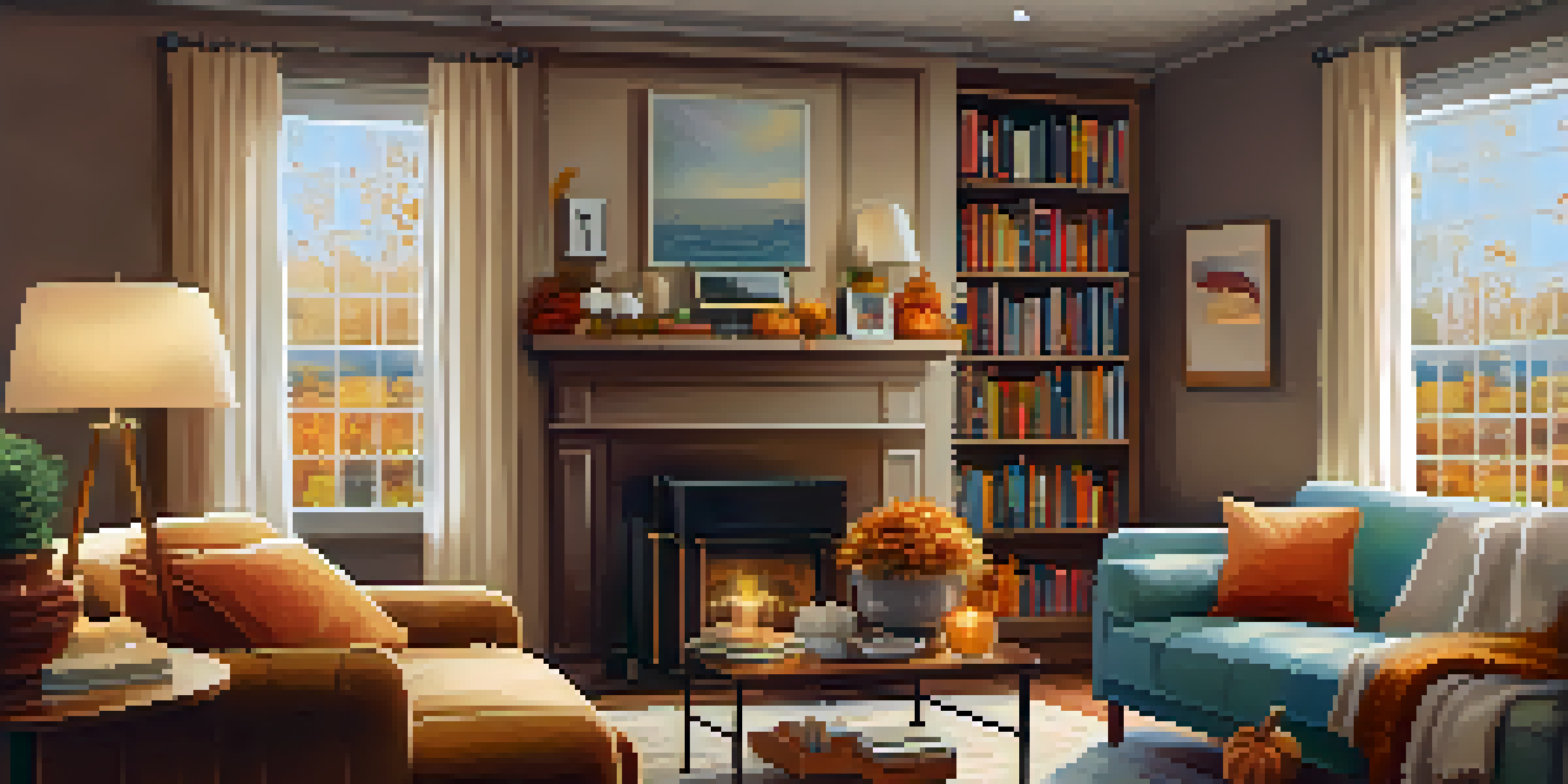 A cozy living room decorated for fall with an organized bookshelf, autumn decorations, and warm light filtering through the window.