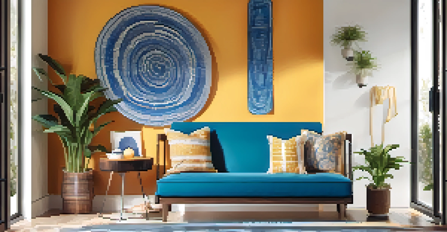 A vibrant entryway with a bright blue accent wall and a large artwork. A stylish bench with colorful throw pillows and a decorative umbrella stand are present.