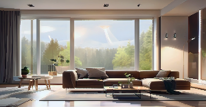 A contemporary living room showcasing smart technology, including a thermostat, smart lights, and a smartphone, with bright natural light coming through large windows.
