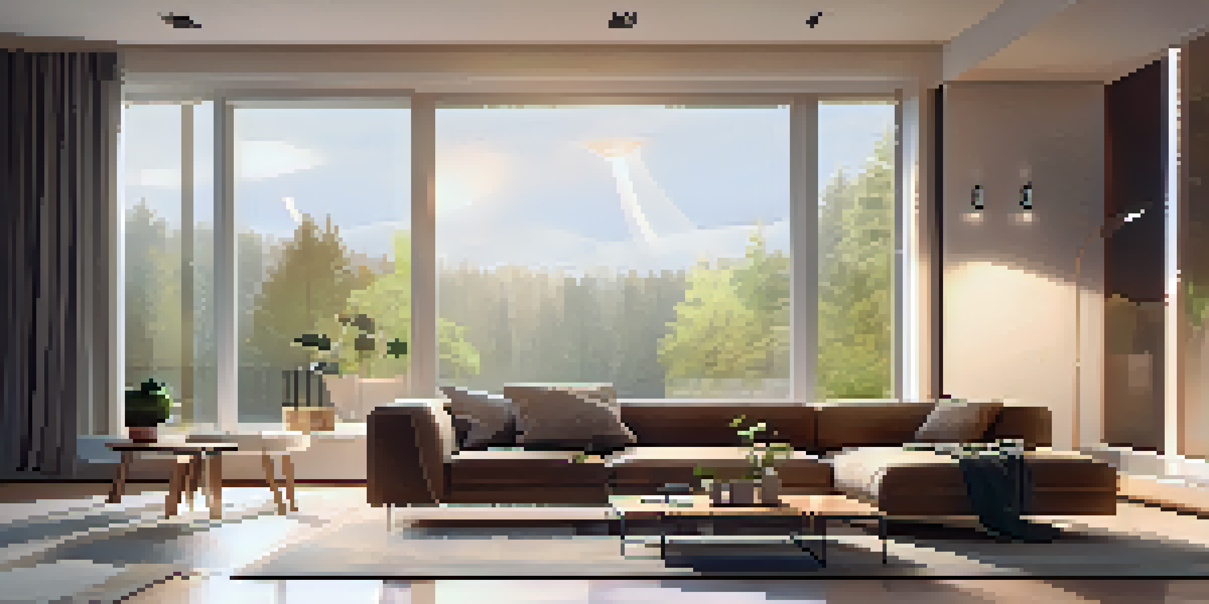 A contemporary living room showcasing smart technology, including a thermostat, smart lights, and a smartphone, with bright natural light coming through large windows.