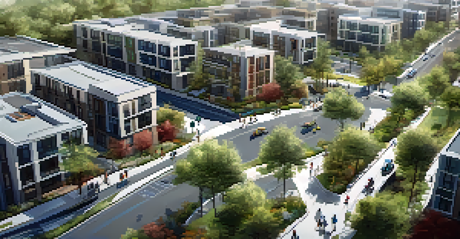 Aerial view of a vibrant neighborhood with a light rail line, showcasing modern homes, parks, and accessible pathways.