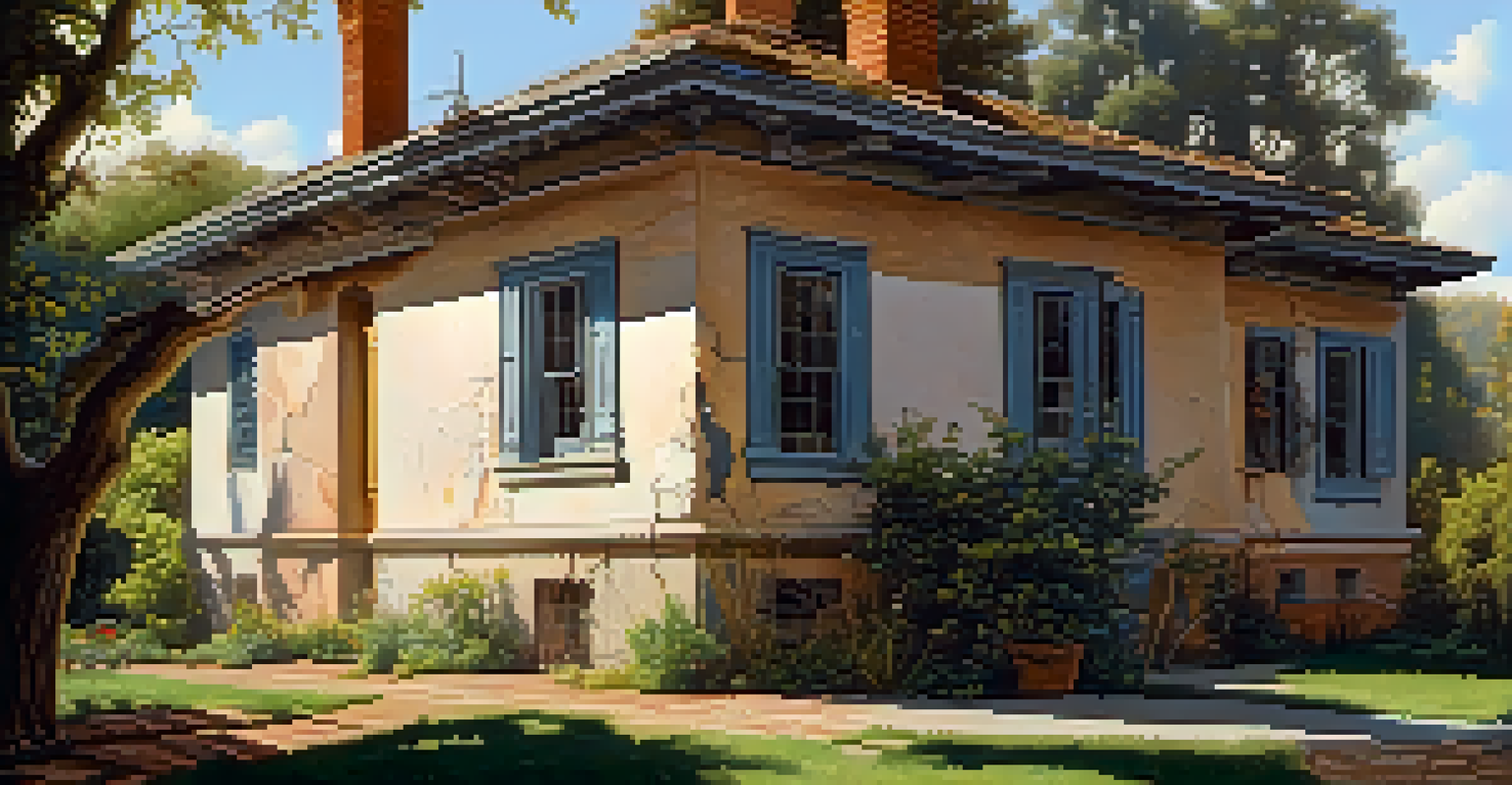 A person inspecting the exterior of a house for damages, showcasing a well-maintained home and garden.