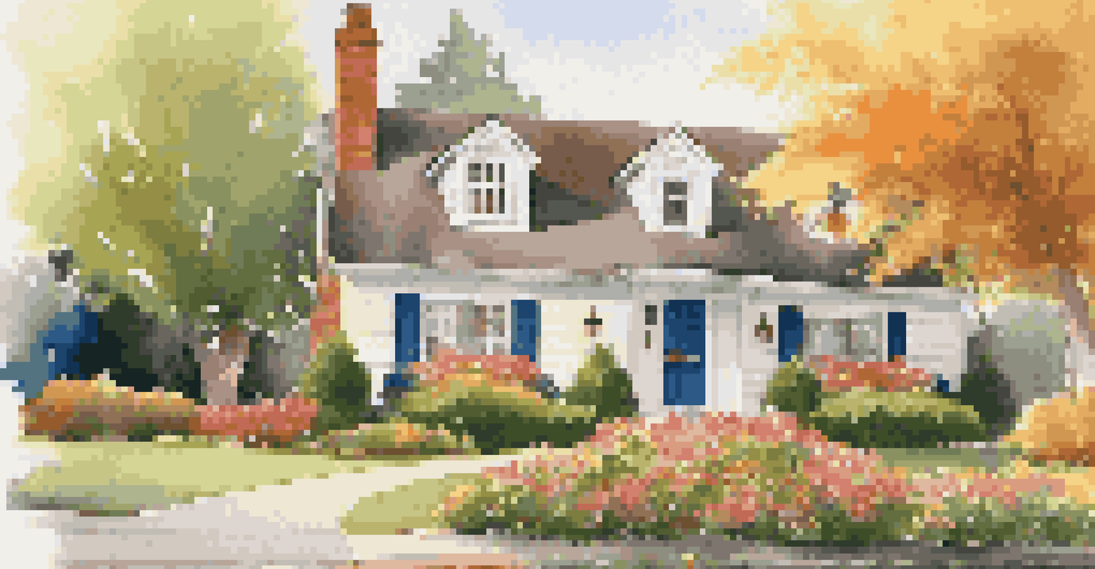 A charming home with beautiful landscaping, a colorful flower garden, and a welcoming front door during sunset.