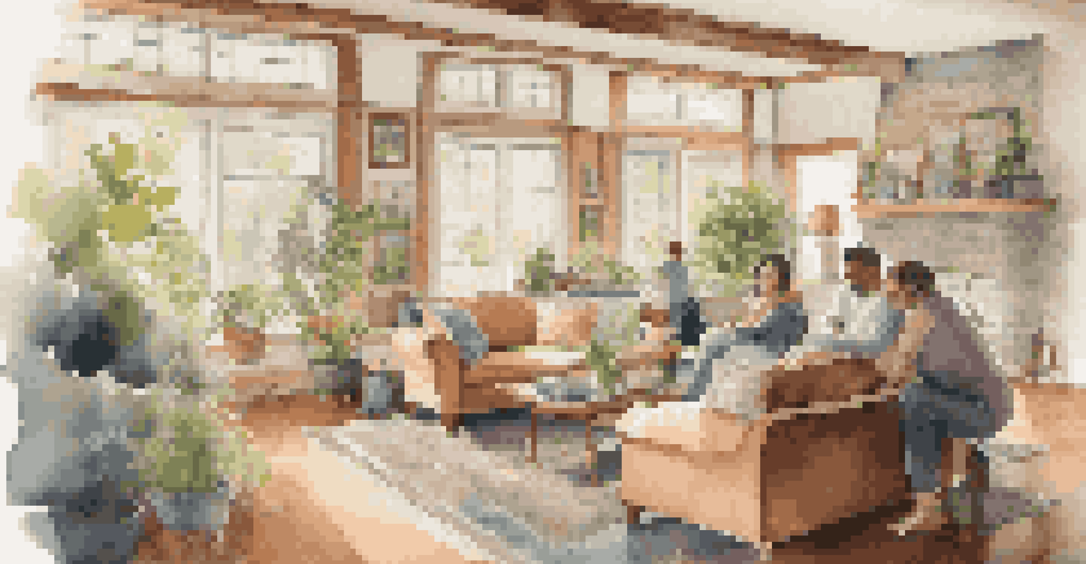 A cozy living room in a multi-generational home with family members sharing stories and laughter, illuminated by natural light.