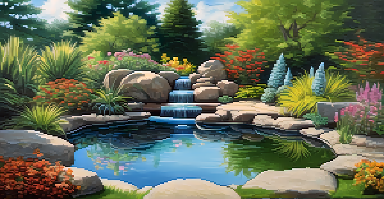 A serene backyard with a small pond and bubbling rock fountain, surrounded by native plants and butterflies, under a blue sky.