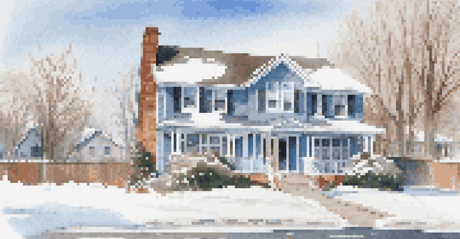 A suburban house in winter with sealed windows and doors, icicles, and snow in the front yard.