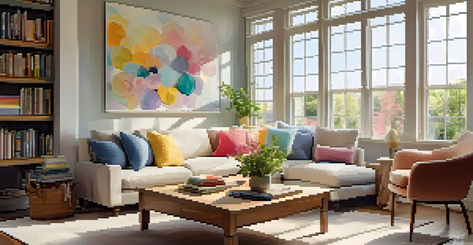 A sunny living room with a cozy sofa, colorful cushions, and a wooden coffee table with flowers.