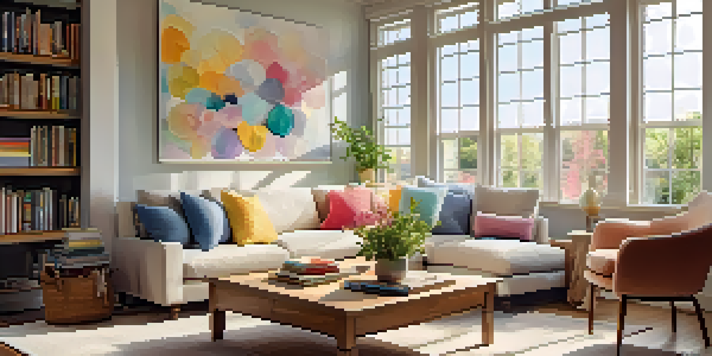 A sunny living room with a cozy sofa, colorful cushions, and a wooden coffee table with flowers.