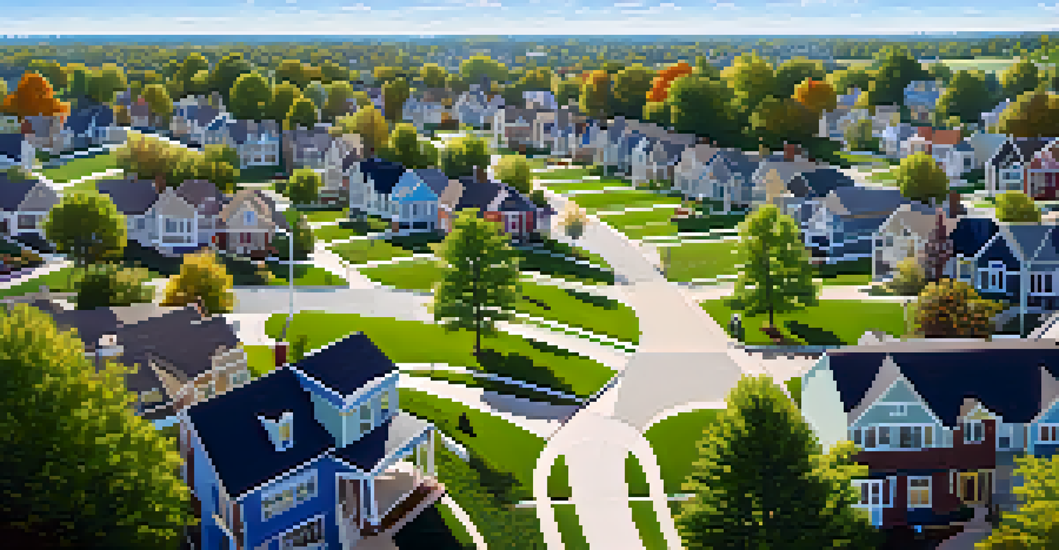 Aerial view of a suburban neighborhood with modern homes, green lawns, and a park, under clear blue skies.