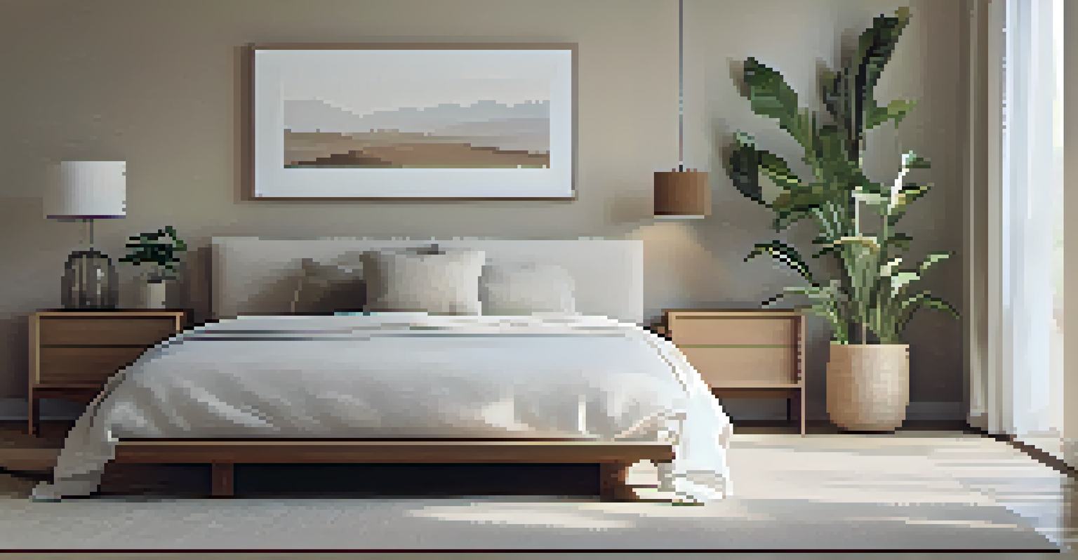 A peaceful minimalist bedroom with a large bed, earth-toned walls, and a bedside table with a lamp and a houseplant.