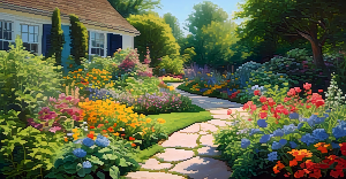 A bright summer garden with colorful flowers, green plants, and a blue sky, featuring a winding stone pathway.