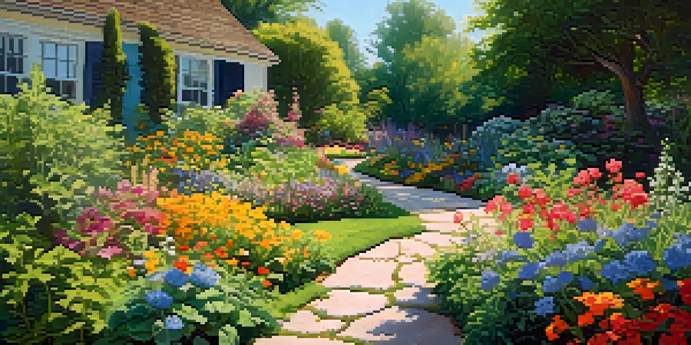 A bright summer garden with colorful flowers, green plants, and a blue sky, featuring a winding stone pathway.