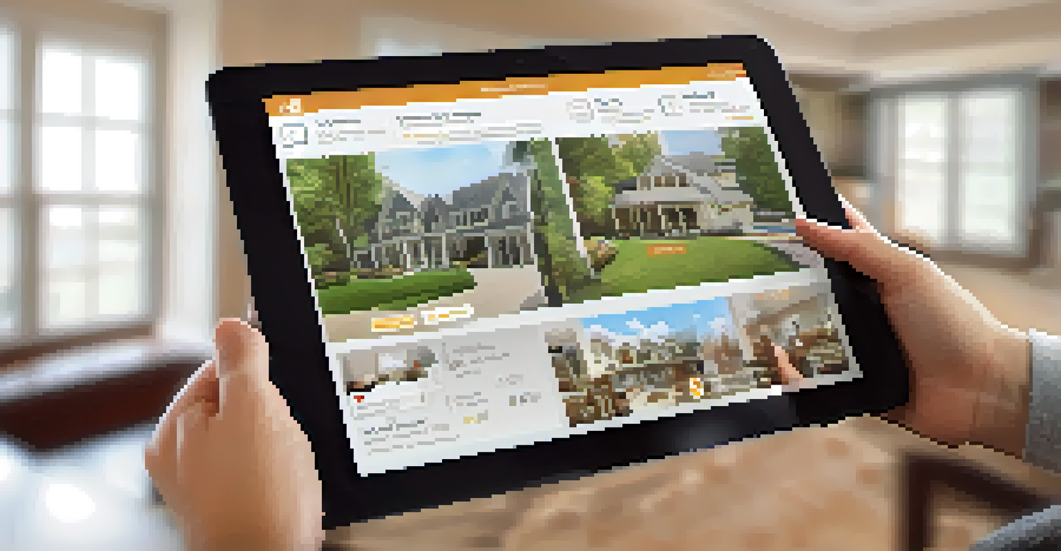 Close-up of a hand holding a tablet showing a property listing in a cozy living room.