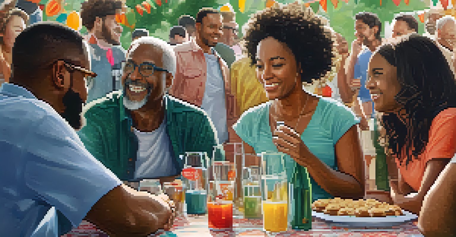 A diverse group of neighbors conversing at a community event with festive decorations and refreshments.