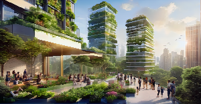 A modern city skyline showcasing eco-friendly buildings with vertical gardens and solar panels, people enjoying a park.